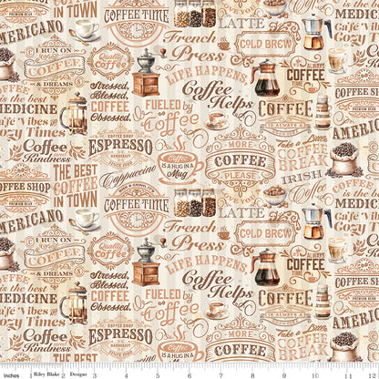 Coffee Time Text Cream Fabric - By the yard