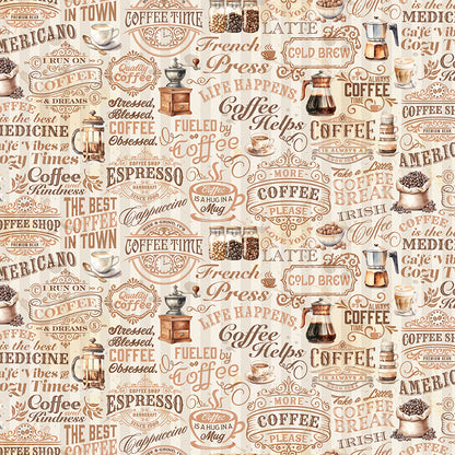 Coffee Time Text Cream Fabric - By the yard