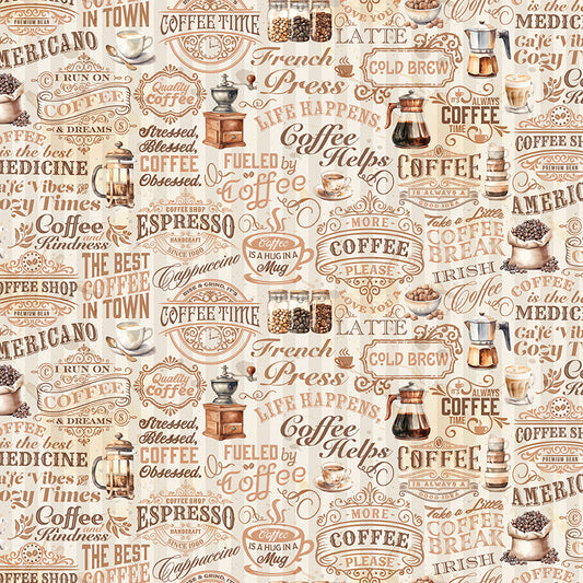 Coffee Time Text Cream Fabric - By the yard
