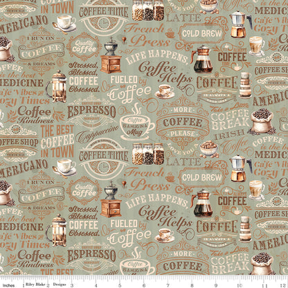 Coffee Time Text Sage Fabric - By the yard