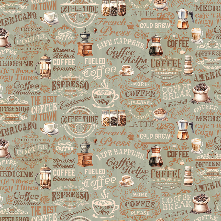 Coffee Time Text Sage Fabric - By the yard