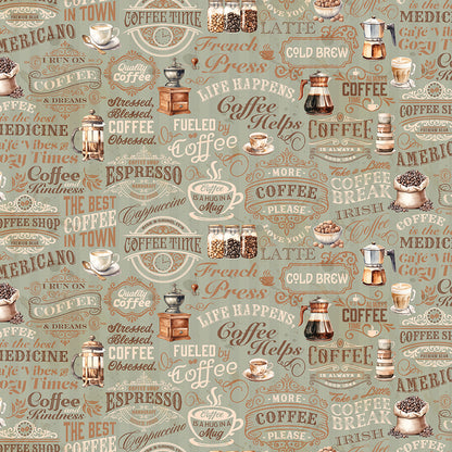 Coffee Time Text Sage Fabric - By the yard