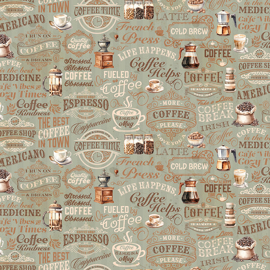 Coffee Time Text Sage Fabric - By the yard