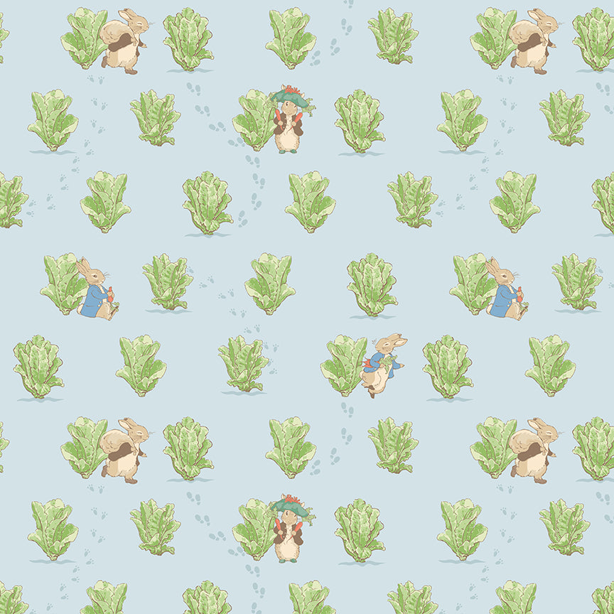 Peter Rabbit™ and Benjamin Bunny™ Lettuce Patch Blue Fabric