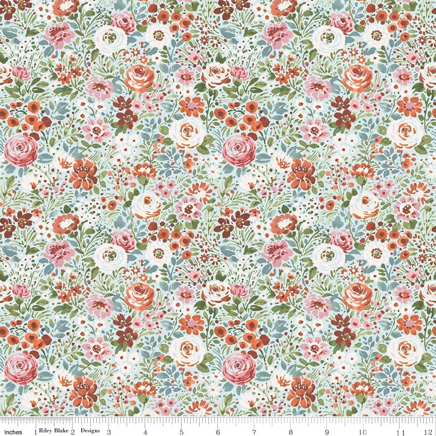 Sketchbook Flower Garden Blue Fabric