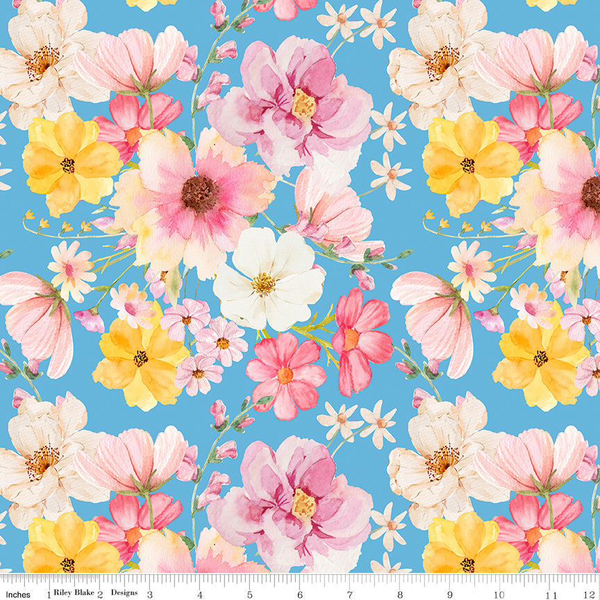 Painted Petals Main Blue Fabric