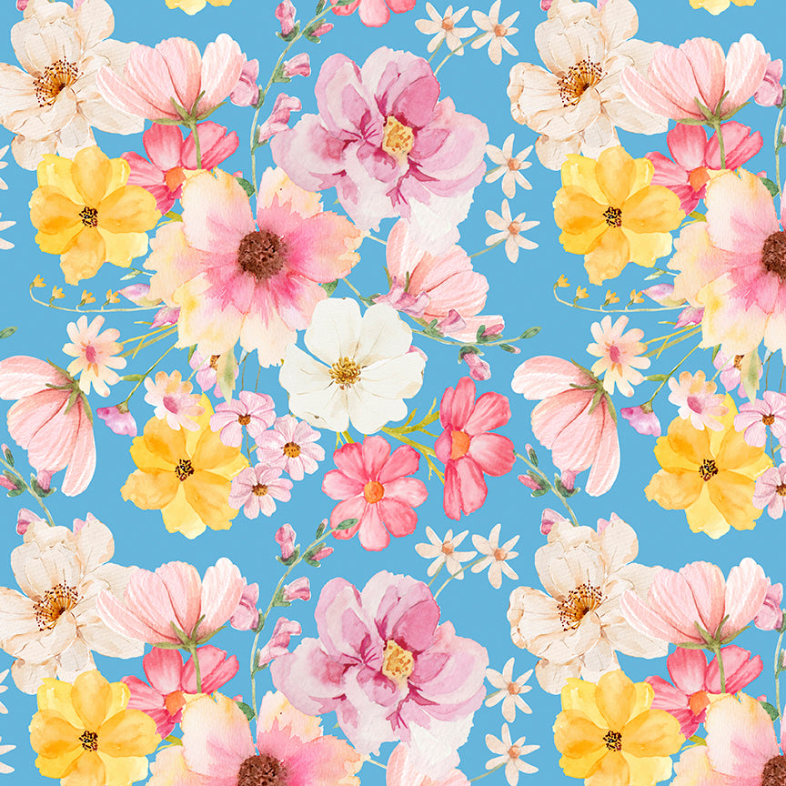 Painted Petals Main Blue Fabric