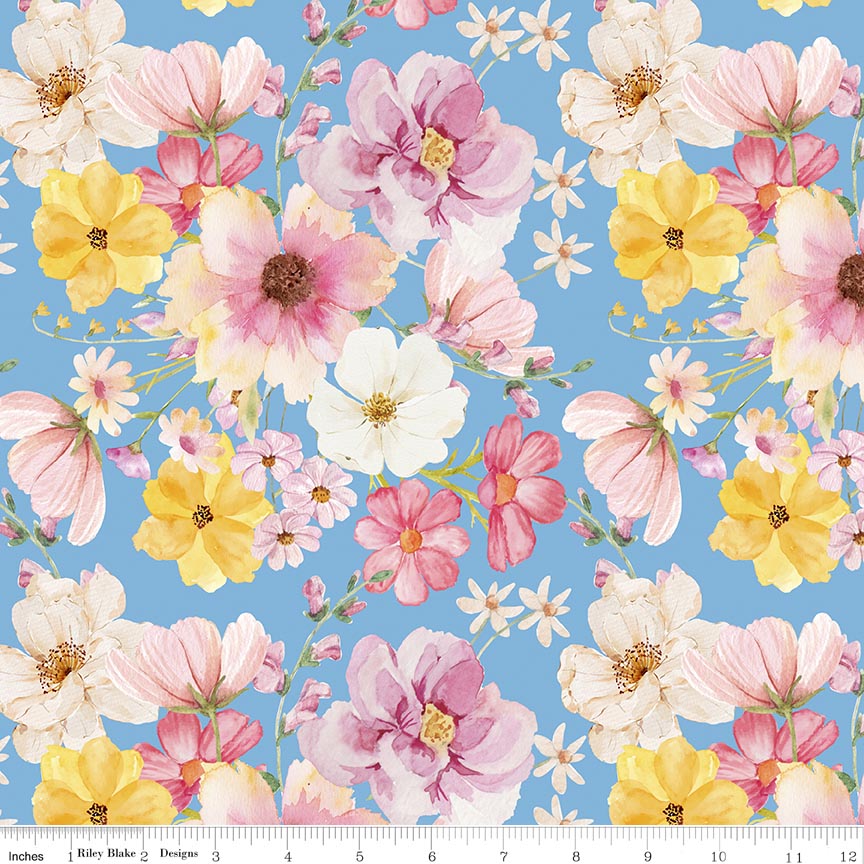 Painted Petals Main Blue Fabric