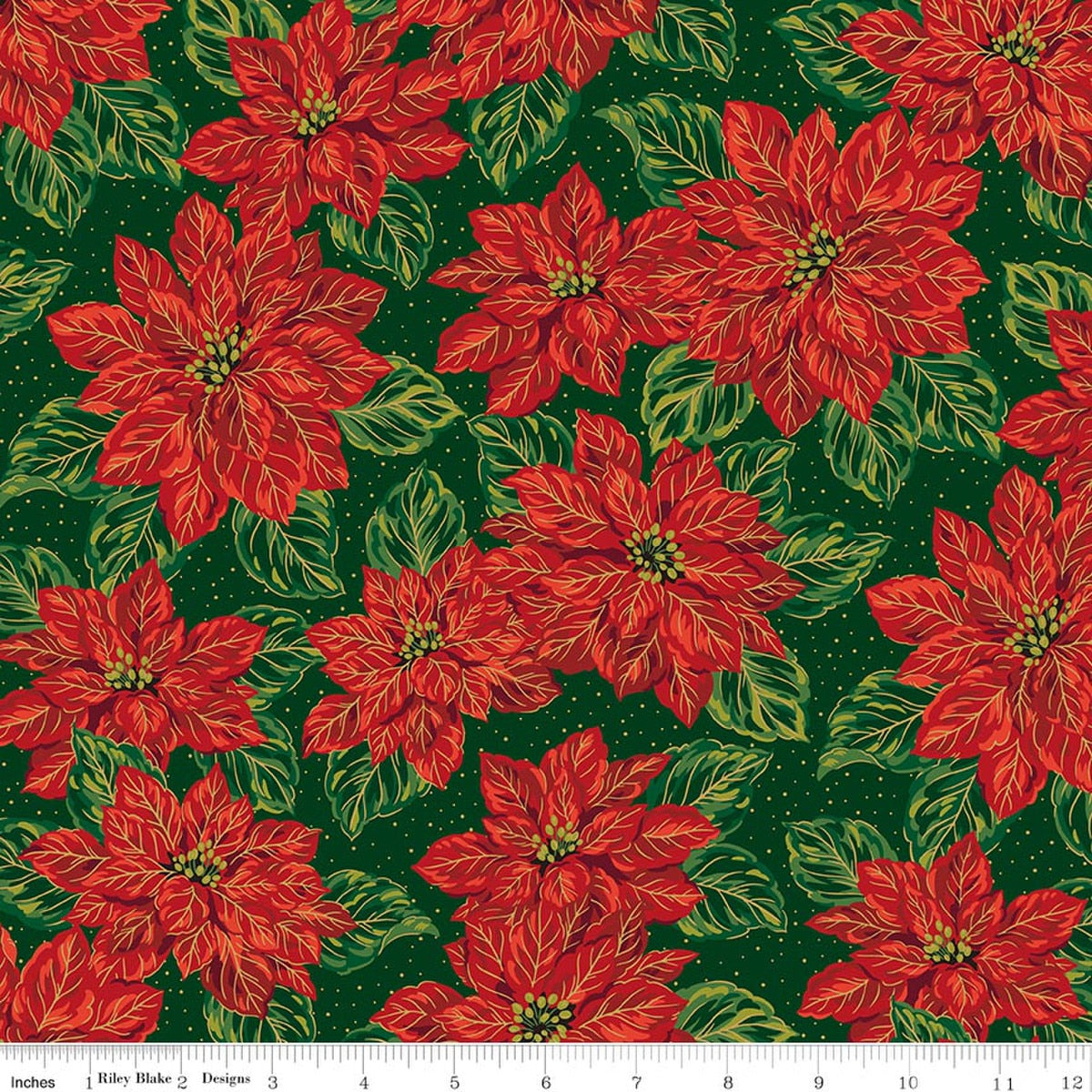 Poinsettias at Christmas Main Green Foil by Jennifer Bosworth for Riley Blake Designs