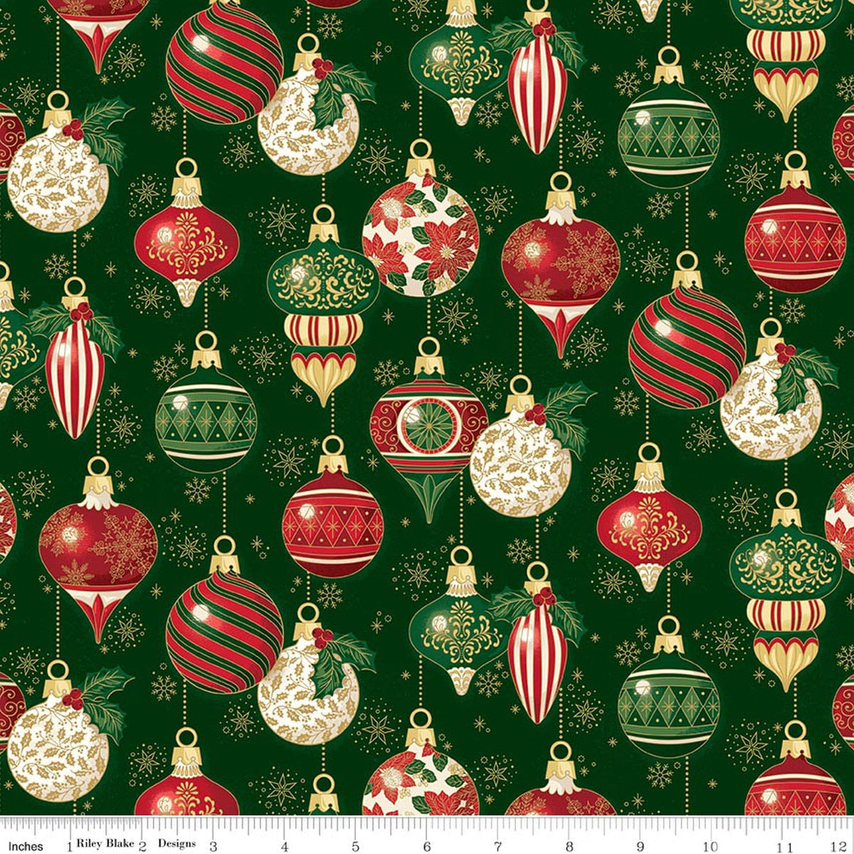 Poinsettias at Christmas Ornaments Green Foil by Jennifer Bosworth for Riley Blake Designs