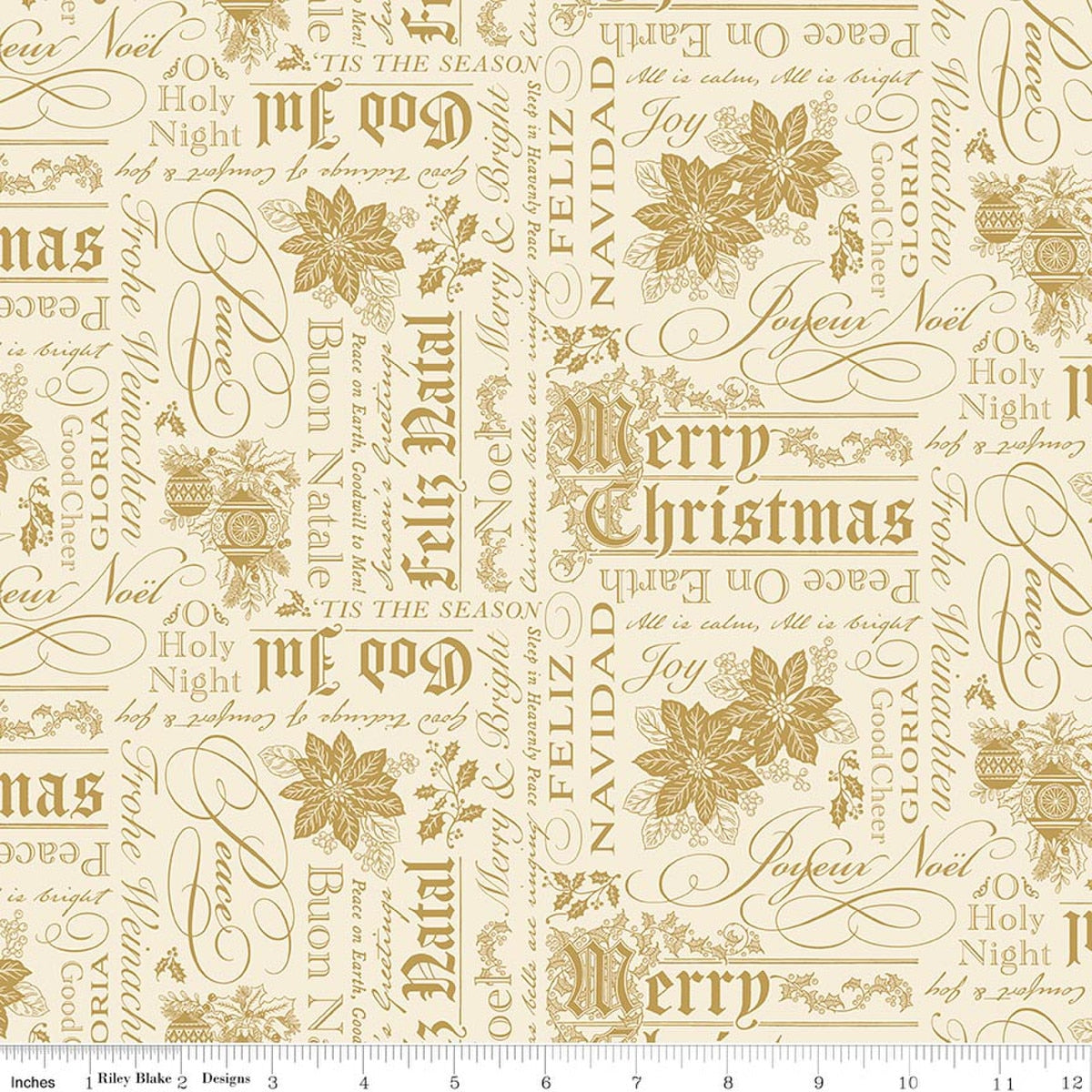 Poinsettias at Christmas Text Cream Foil by Jennifer Bosworth for Riley Blake Designs
