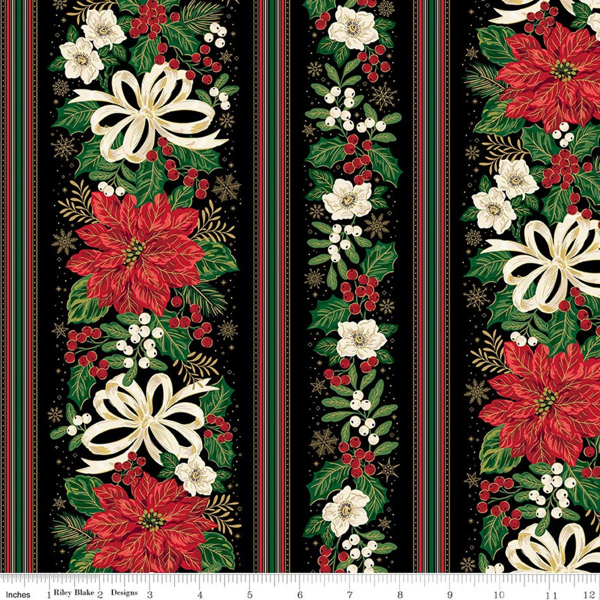 Poinsettias at Christmas Border Stripe Black Foil by Jennifer Bosworth for Riley Blake Designs