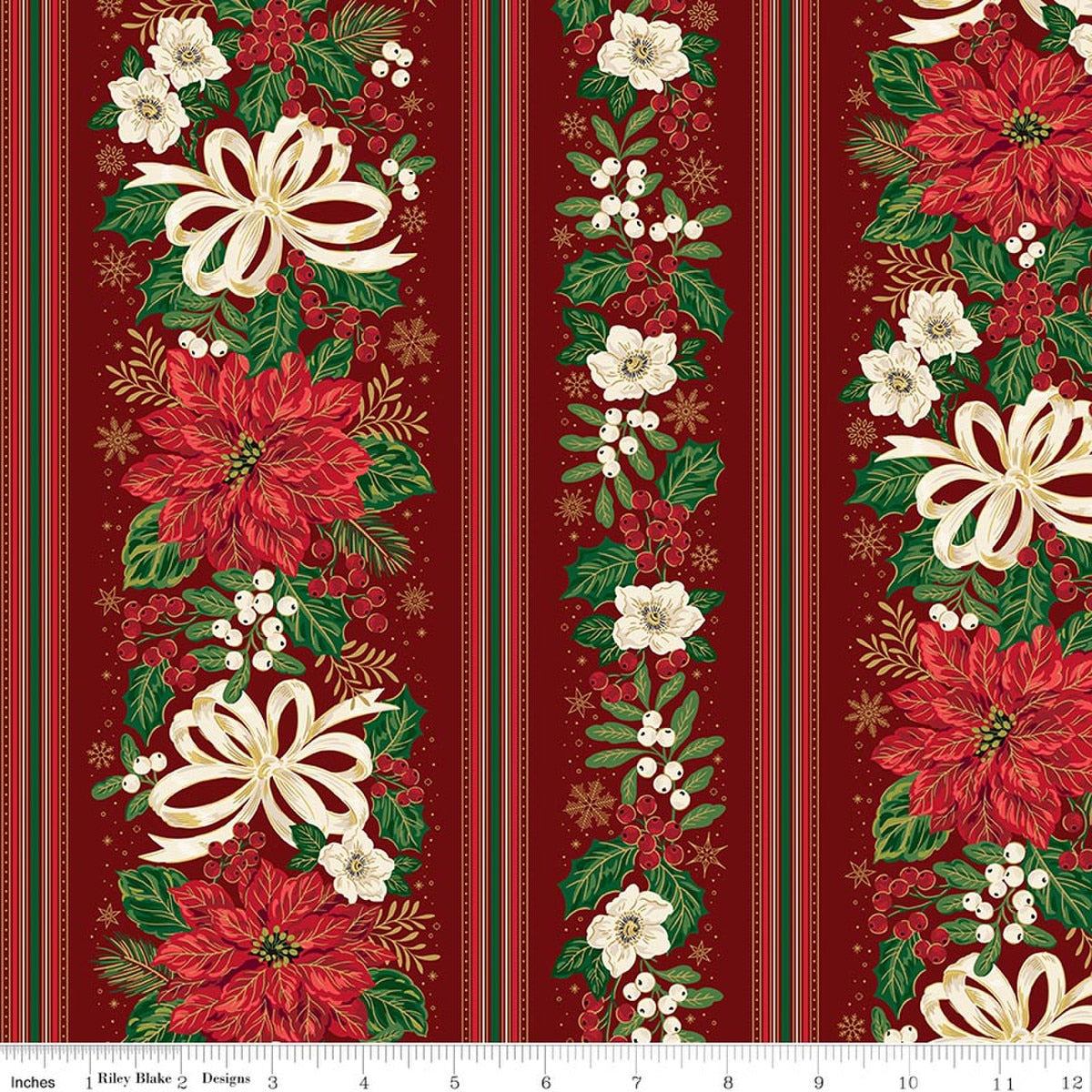 Poinsettias at Christmas Border Stripe Red Foil by Jennifer Bosworth for Riley Blake Designs