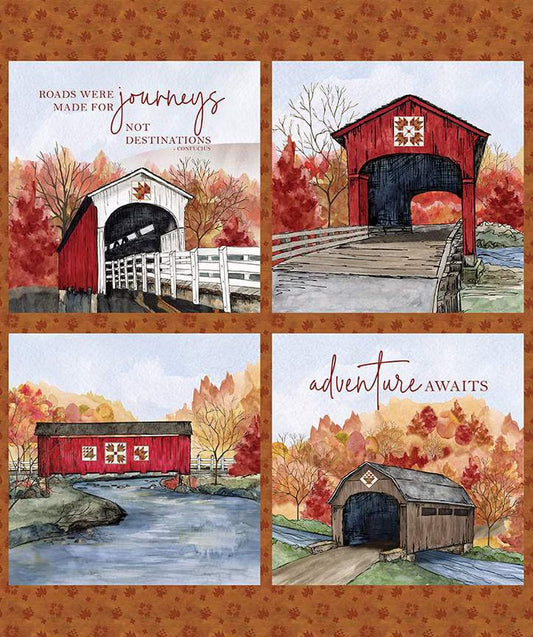 Covered Bridges in Fall Pillow Fabric Panel