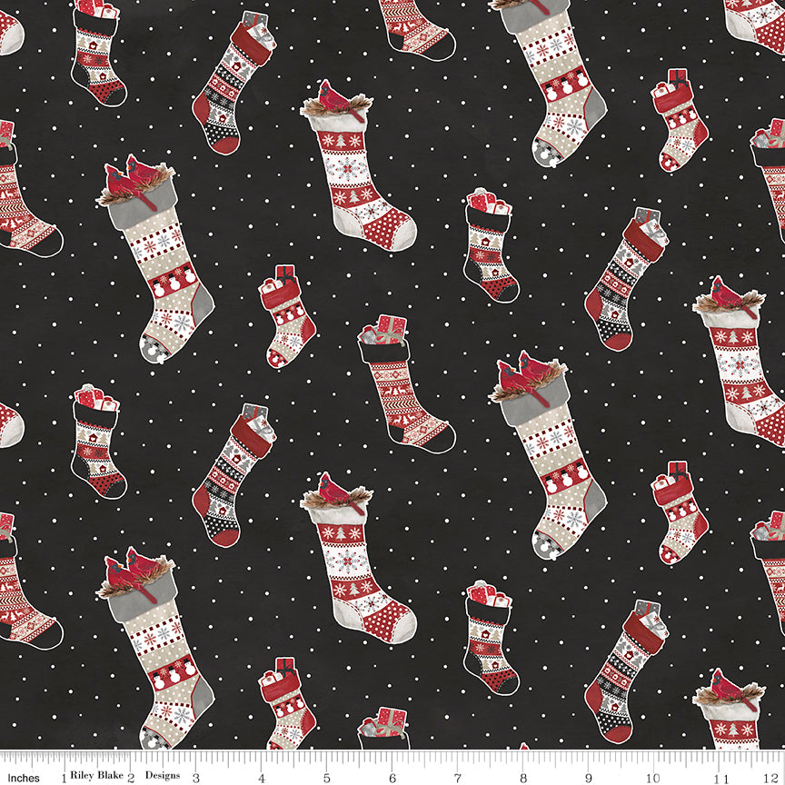 Flannel Hello Winter Stockings Black Fabric - By the yard