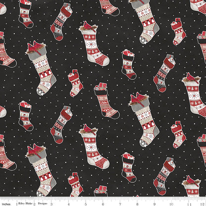 Flannel Hello Winter Stockings Black Fabric - By the yard