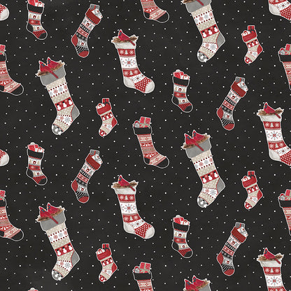 Flannel Hello Winter Stockings Black Fabric - By the yard