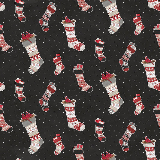 Flannel Hello Winter Stockings Black Fabric - By the yard