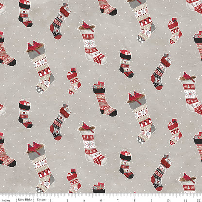 Flannel Hello Winter Stockings Taupe Fabric - By the yard