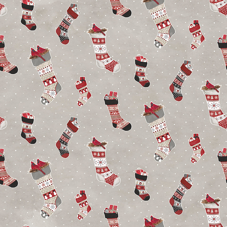 Flannel Hello Winter Stockings Taupe Fabric - By the yard