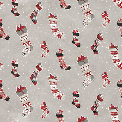 Flannel Hello Winter Stockings Taupe Fabric - By the yard