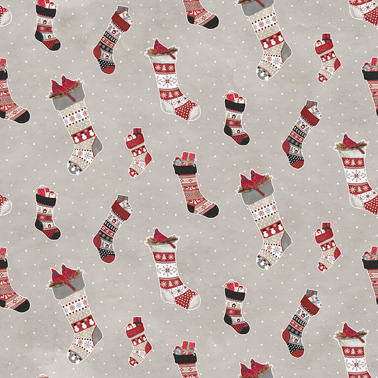 Flannel Hello Winter Stockings Taupe Fabric - By the yard