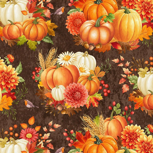 Gather with a Grateful Heart Pumpkin Floral Bouquet Fabric - By the yard