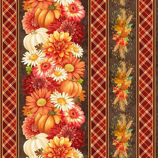 Gather with a Grateful Heart Harvest Floral 11" Stripes Fabric - By the yard