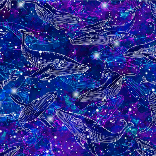Hidden Treasures Whale Outlines Blue Fabric - By the yard