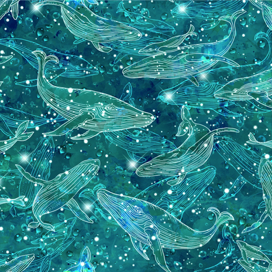 Hidden Treasures Whale Outlines Teal Fabric - By the yard