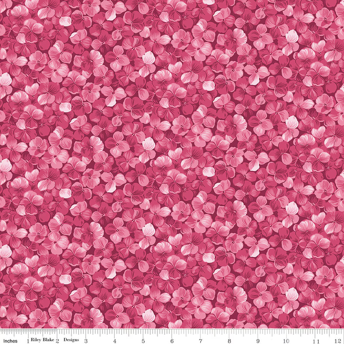 Hydrangeas in the Garden Allover Floral Raspberry Pearl Fabric