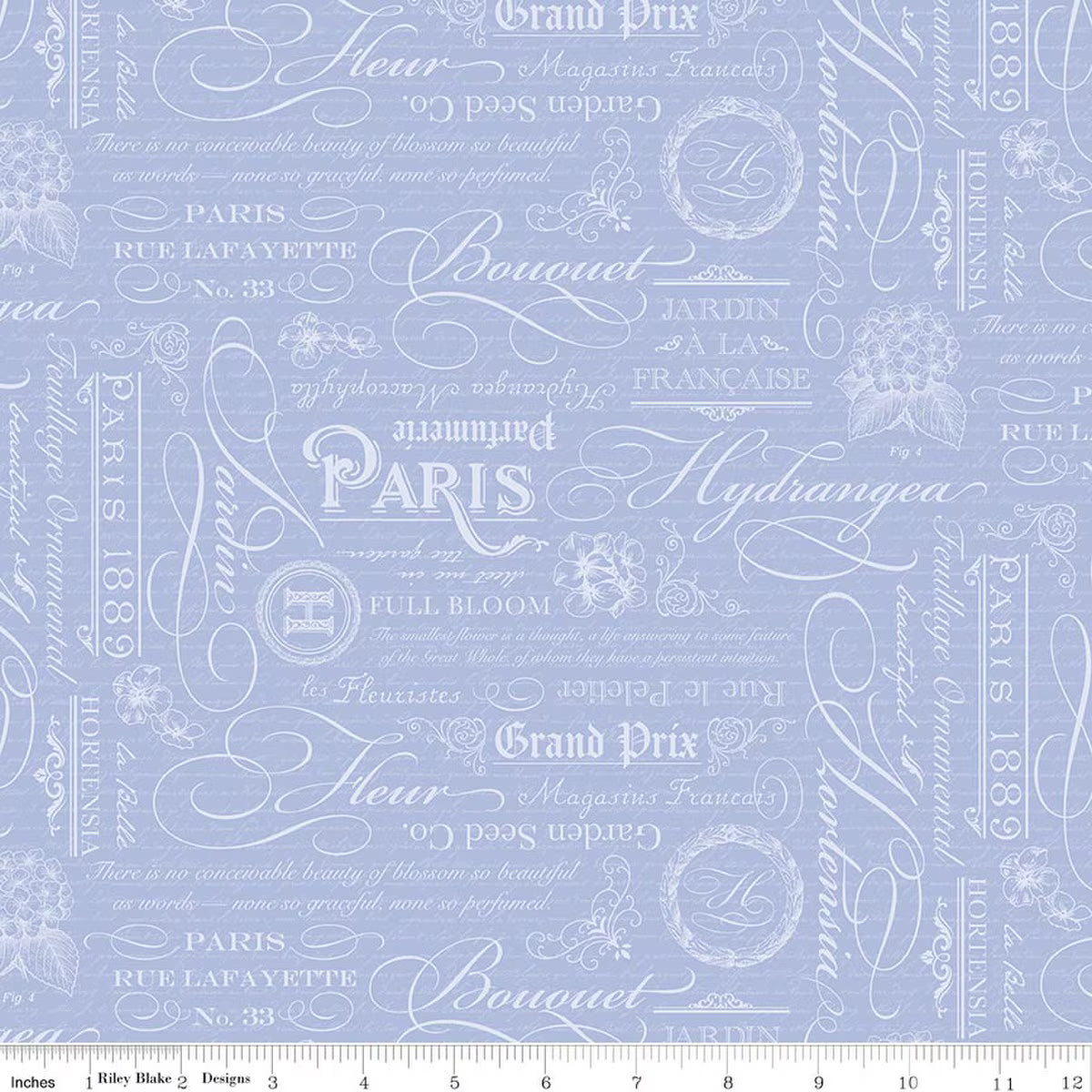 Hydrangeas in the Garden Text Blue Pearl Fabric