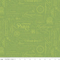 Hydrangeas in the Garden Text Green Pearl Fabric