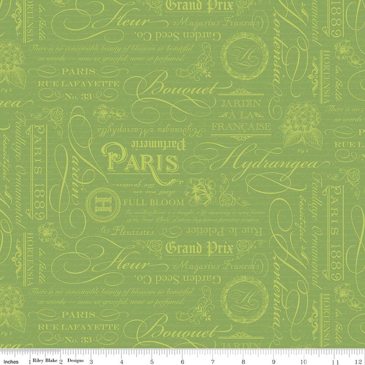 Hydrangeas in the Garden Text Green Pearl Fabric