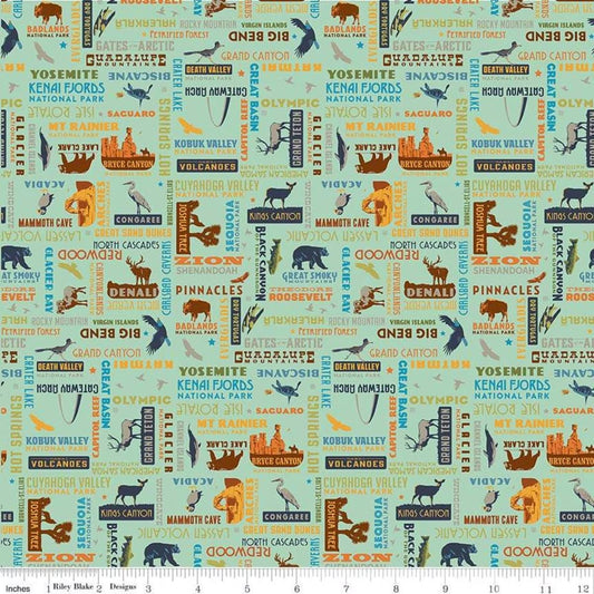 National Park Work Print Sea Green Fabric - By the yard