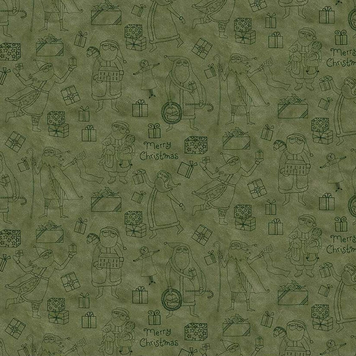 Naughty or Nice Santas and Gifts Green Fabric - By the yard