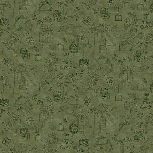 Naughty or Nice Santas and Gifts Green Fabric - By the yard