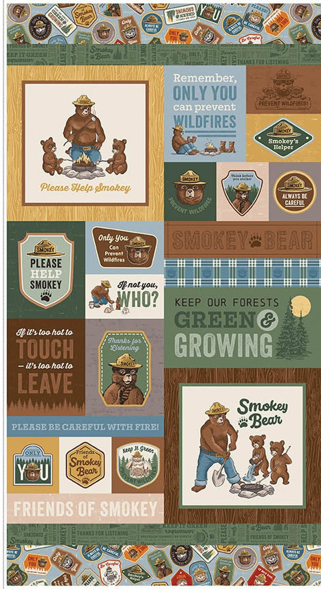Keep It Green Patchwork Panel Fabric Panel from the Smokey Bear Keep It Green collection for Riley Blake Designs