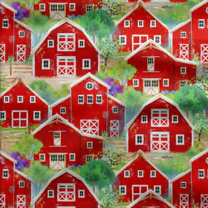 Back to the Farm Packed Barns Fabric - By the yard
