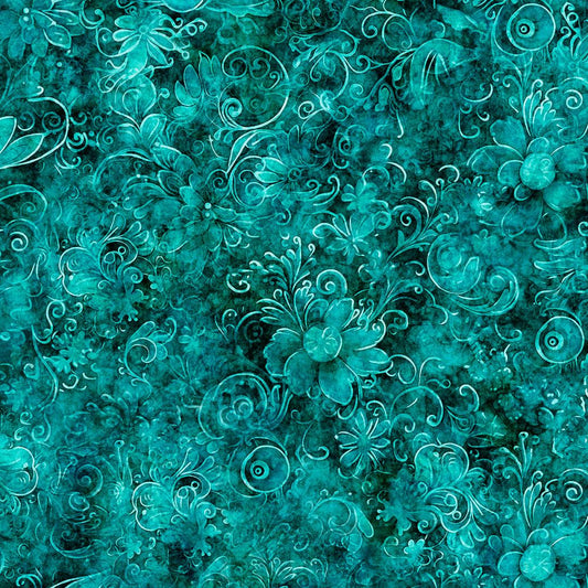 Queen's Garden Fabric - Teal - By the yard