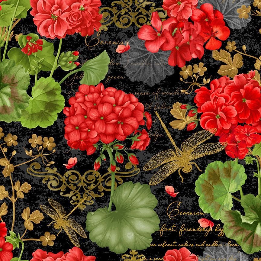 Scarlet Beauty Geranium Dragonfly Collage Fabric - By the yard