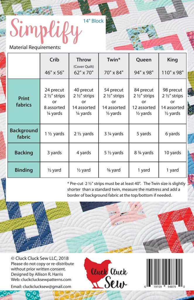 Cluck Cluck Sew Simplify Quilt Pattern