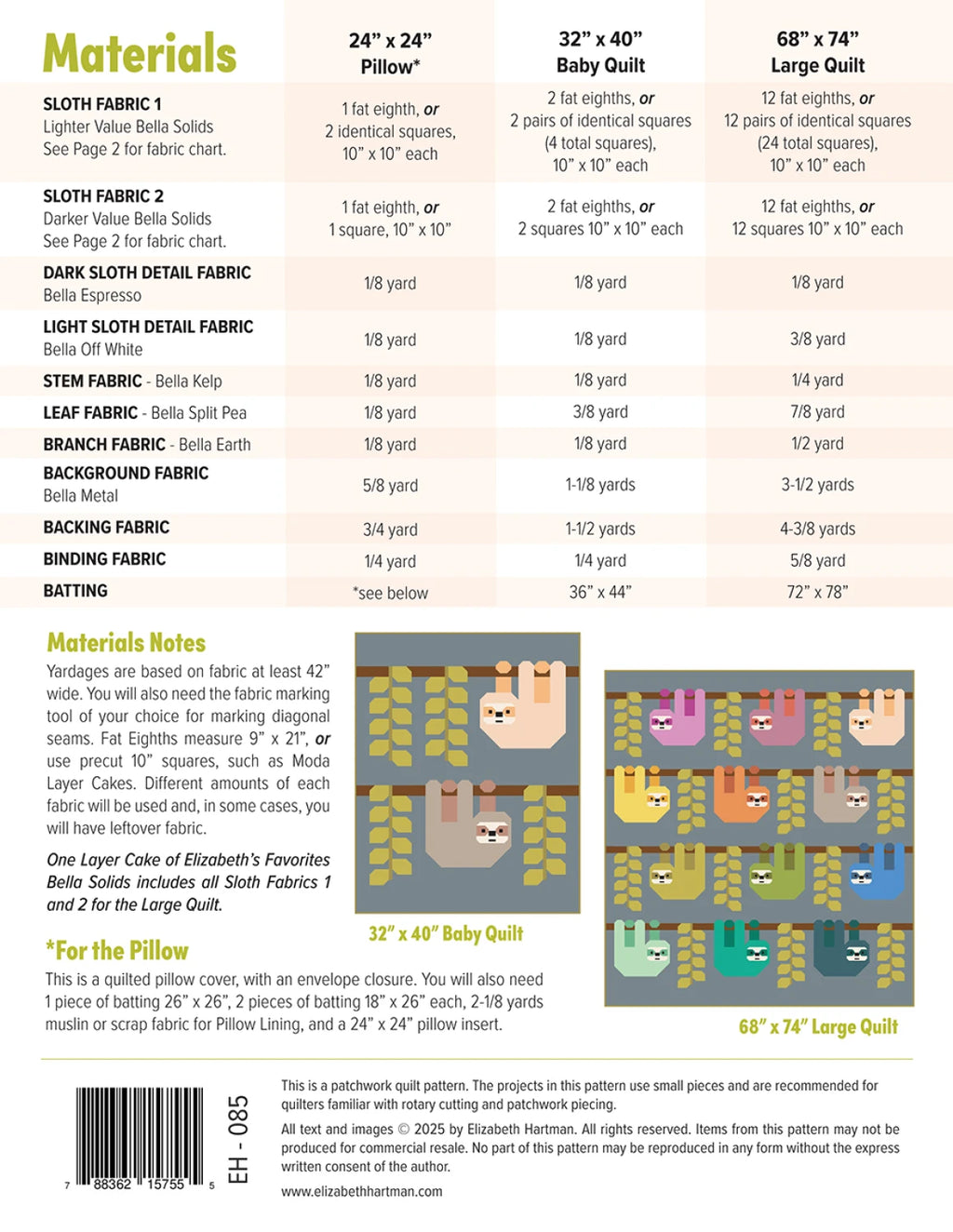 Elizabeth Hartman Snuggly Sloths Quilt Pattern