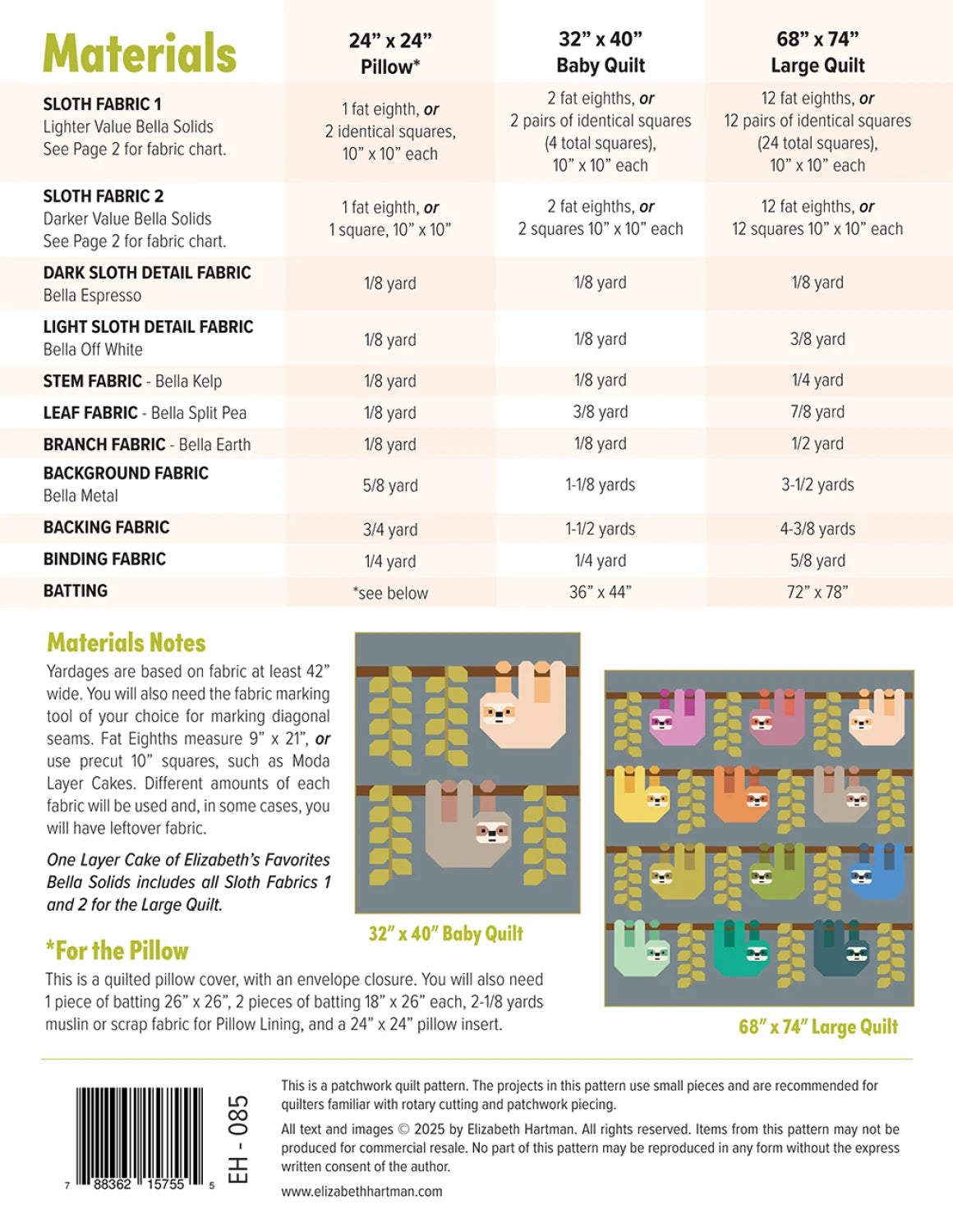 Elizabeth Hartman Snuggly Sloths Quilt Pattern