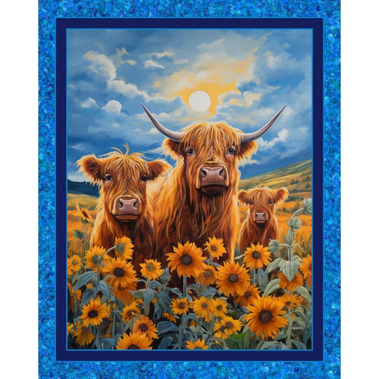 Sunflower Highland Cows Fabric Panel