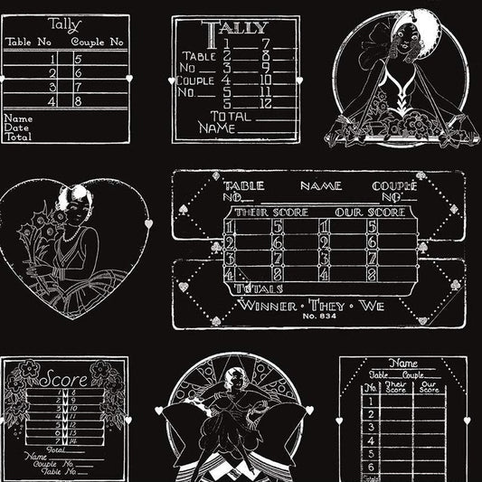 Take Heart Tally Card Linework Black Fabric - By the yard