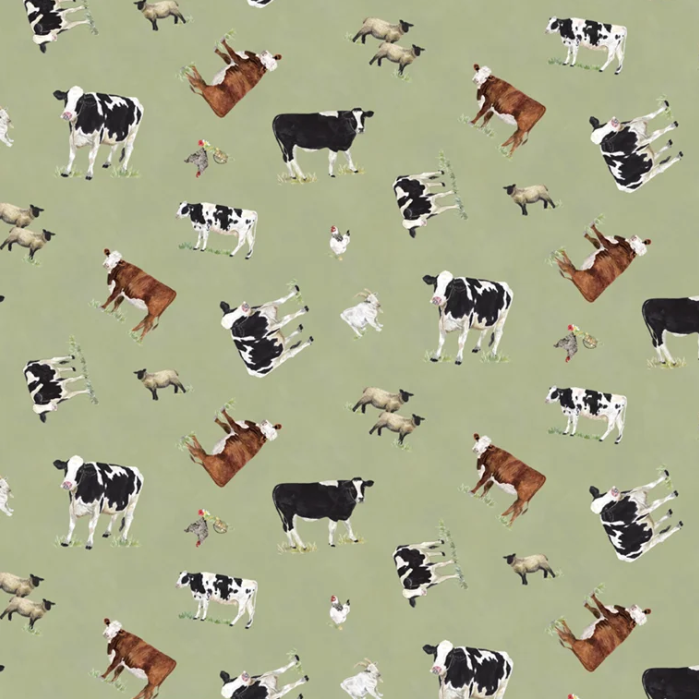 The Heartland Tossed Cows Green Fabric
