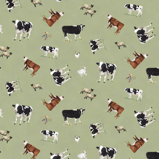 The Heartland Tossed Cows Green Fabric - By the yard