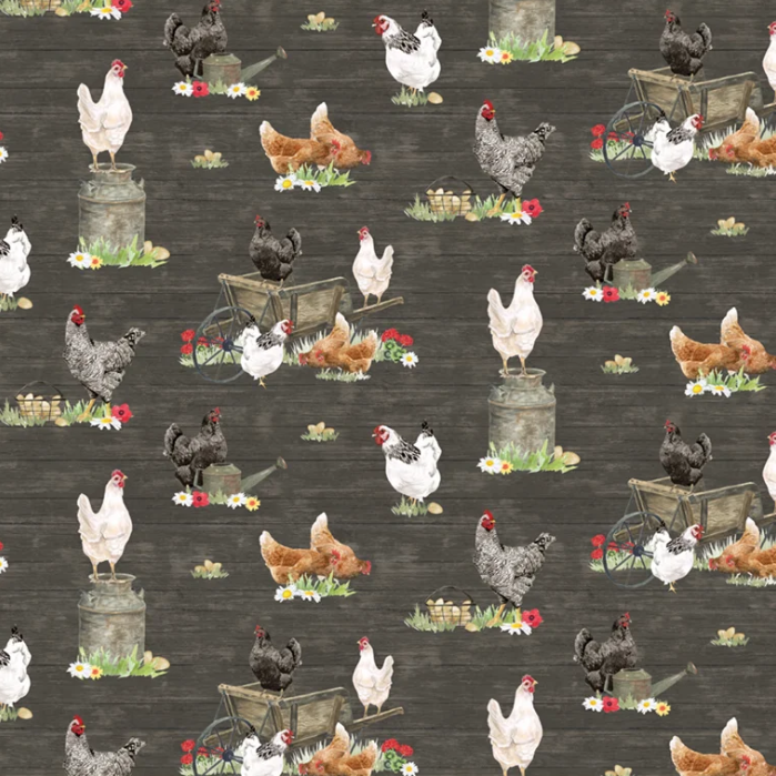 The Heartland Chickens Charcoal Fabric