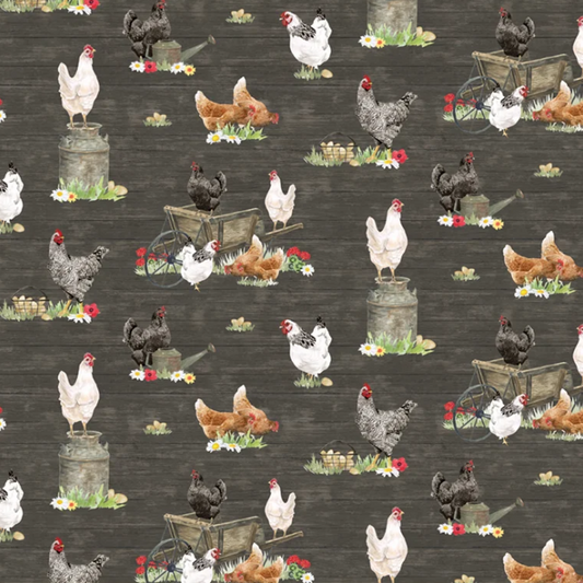 The Heartland Chickens Charcoal Fabric - By the yard